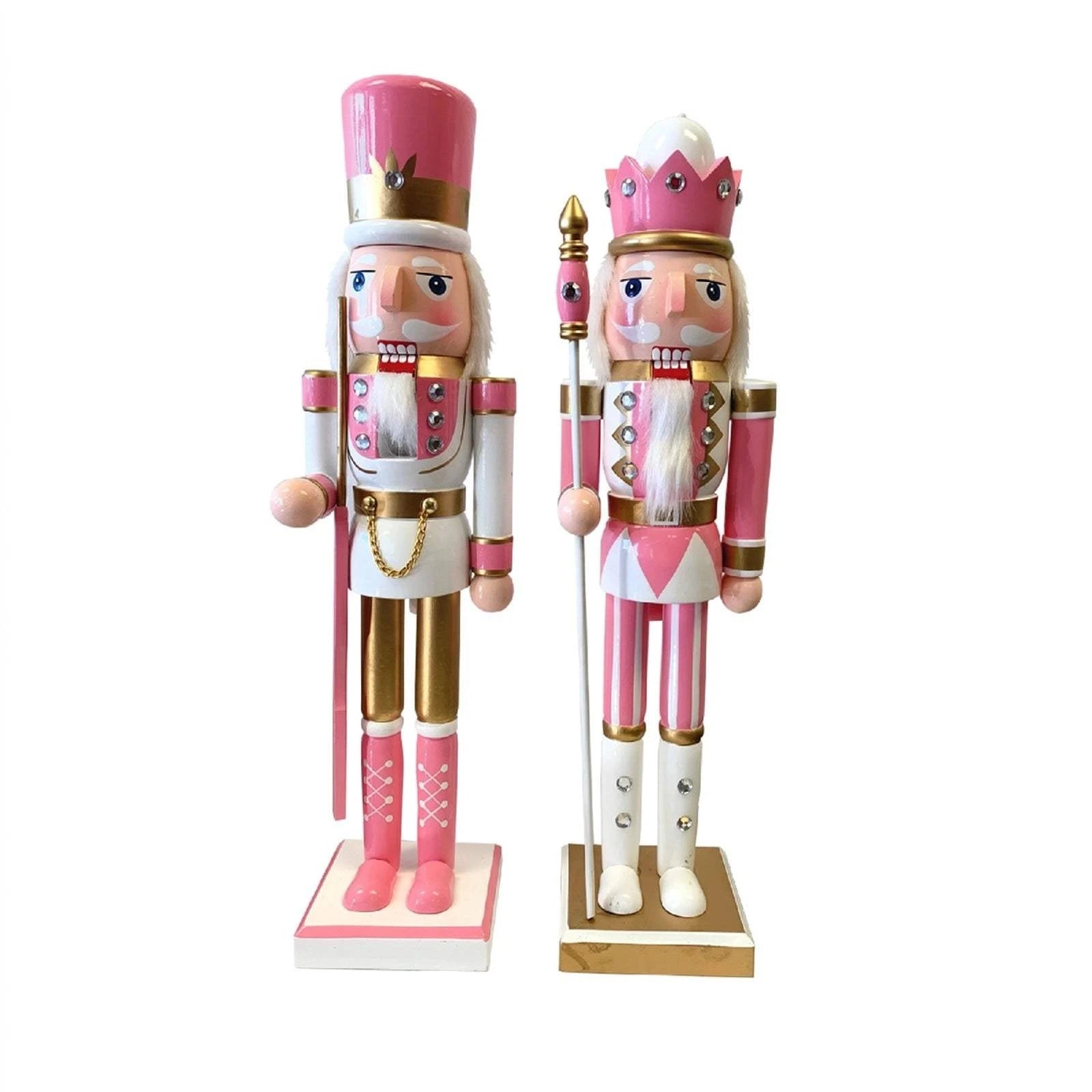 14-inch pink and gold wooden nutcracker figures on a wooden base