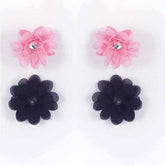 Dasha Designs chiffon flower tapties in pink and black with sparkling center stones and matching elastic bands for tap shoes or hair