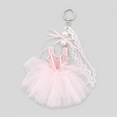 fresh ballet tutu shoe bag charm in light pink tulle with lace ribbons and pearl bead accents on a silver key ring