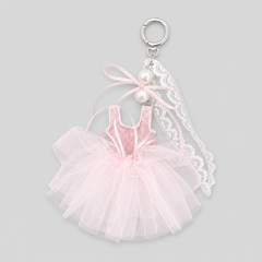 fresh ballet tutu shoe bag charm in light pink tulle with lace ribbons and pearl bead accents on a silver key ring