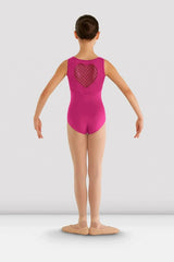 Bloch girls mesh tank leotard with heart cutout back and overlay mesh