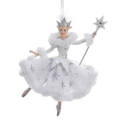 Kurt Adler C9256 ballerina ornament in a white fabric gown with silver snowflake details, jeweled crown and star wand
