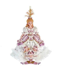 Kurt Adler E0423 Mother Ginger Ornament in a white and pink dress, with three small children and a gold feathered headdress