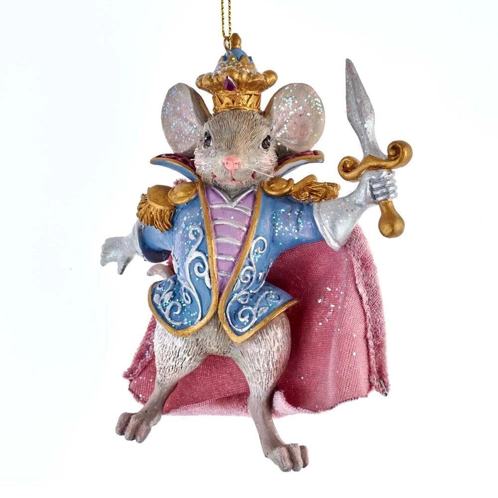 Kurt Adler E0426M Mouse King nutcracker ornament with grey mouse, blue and gold jacket, jeweled crown, and plum cape