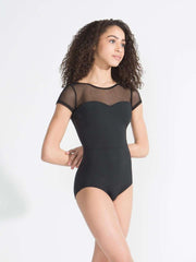 Meryl Mesh Yoke Short Sleeve Adult Leotard Leotards Capezio Adult XS Black