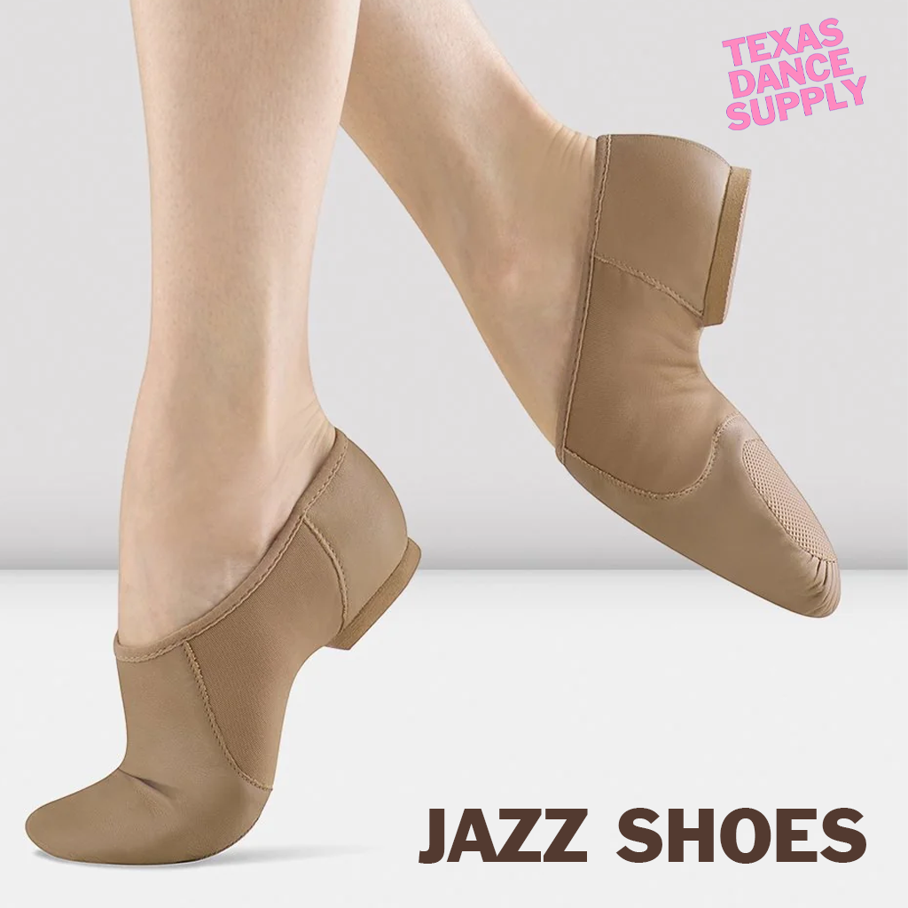 Jazz dance shoes in black and tan leather and stretch styles, including popular slip-on options for studio and performance