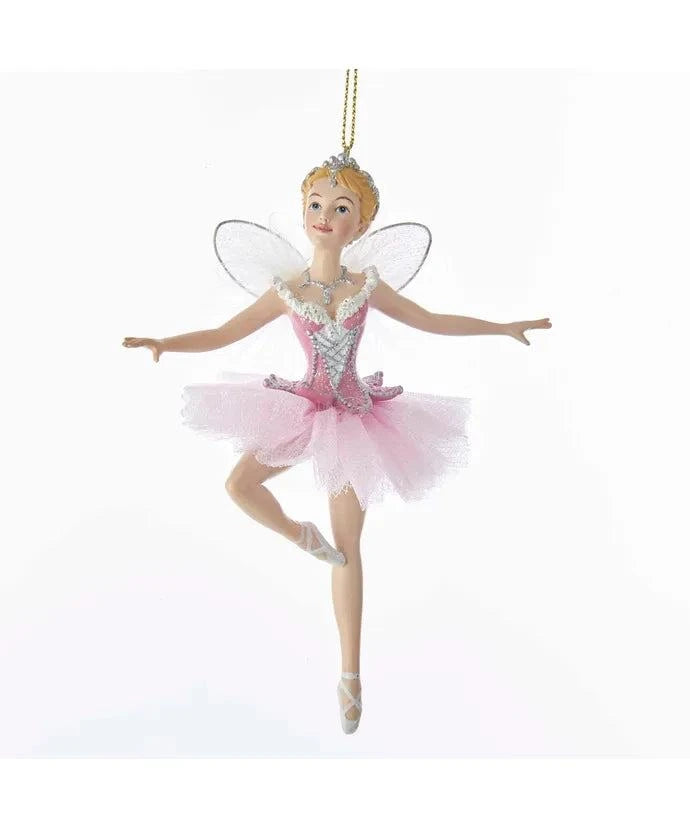 Kurt Adler C7656 Sugar Plum Fairy ornament with pink wings, hanging from a pink ribbon