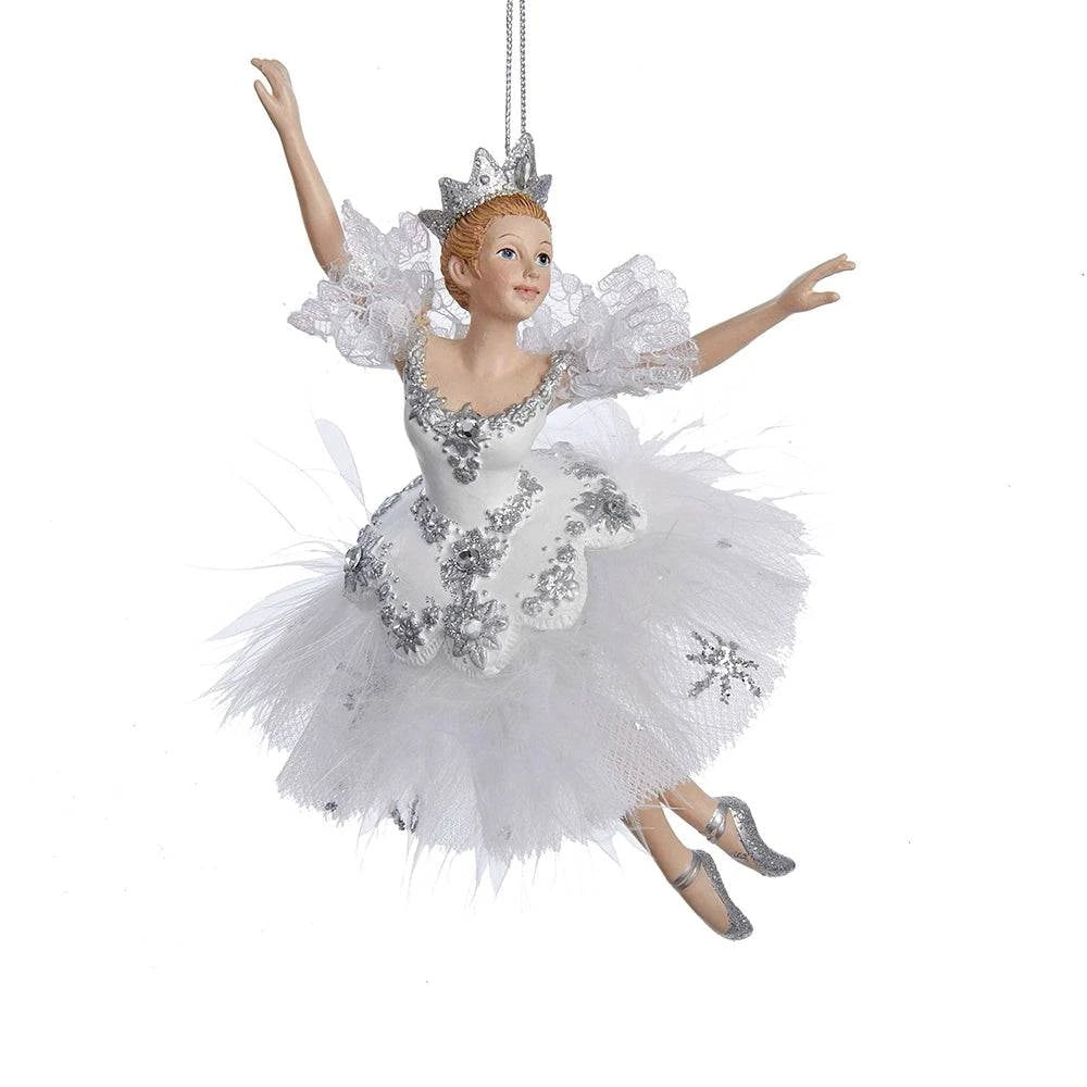 Kurt Adler C8574 Snow Queen ballerina ornament hanging from a pink ribbon