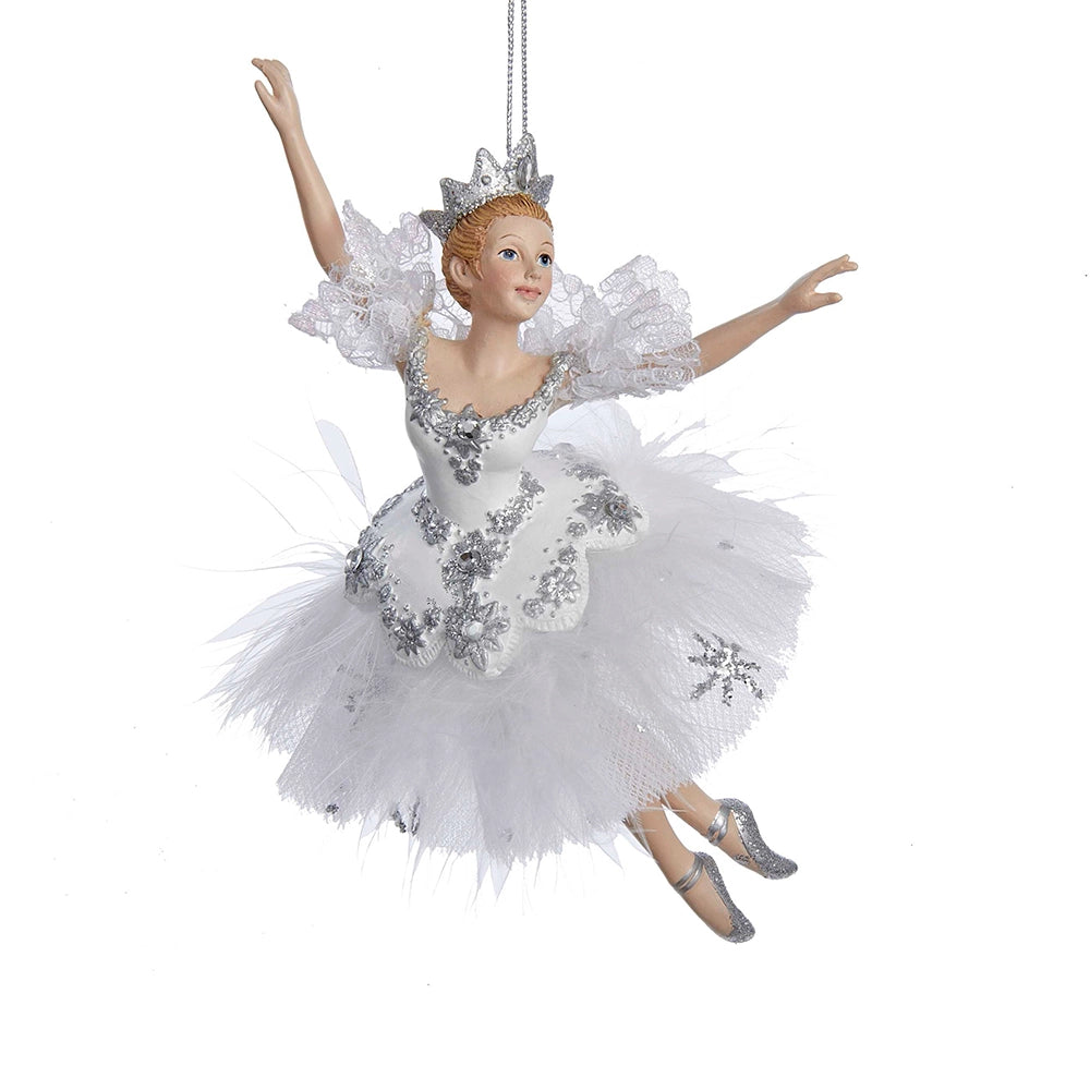 Kurt Adler C8574 Snow Queen ballerina ornament hanging from a pink ribbon