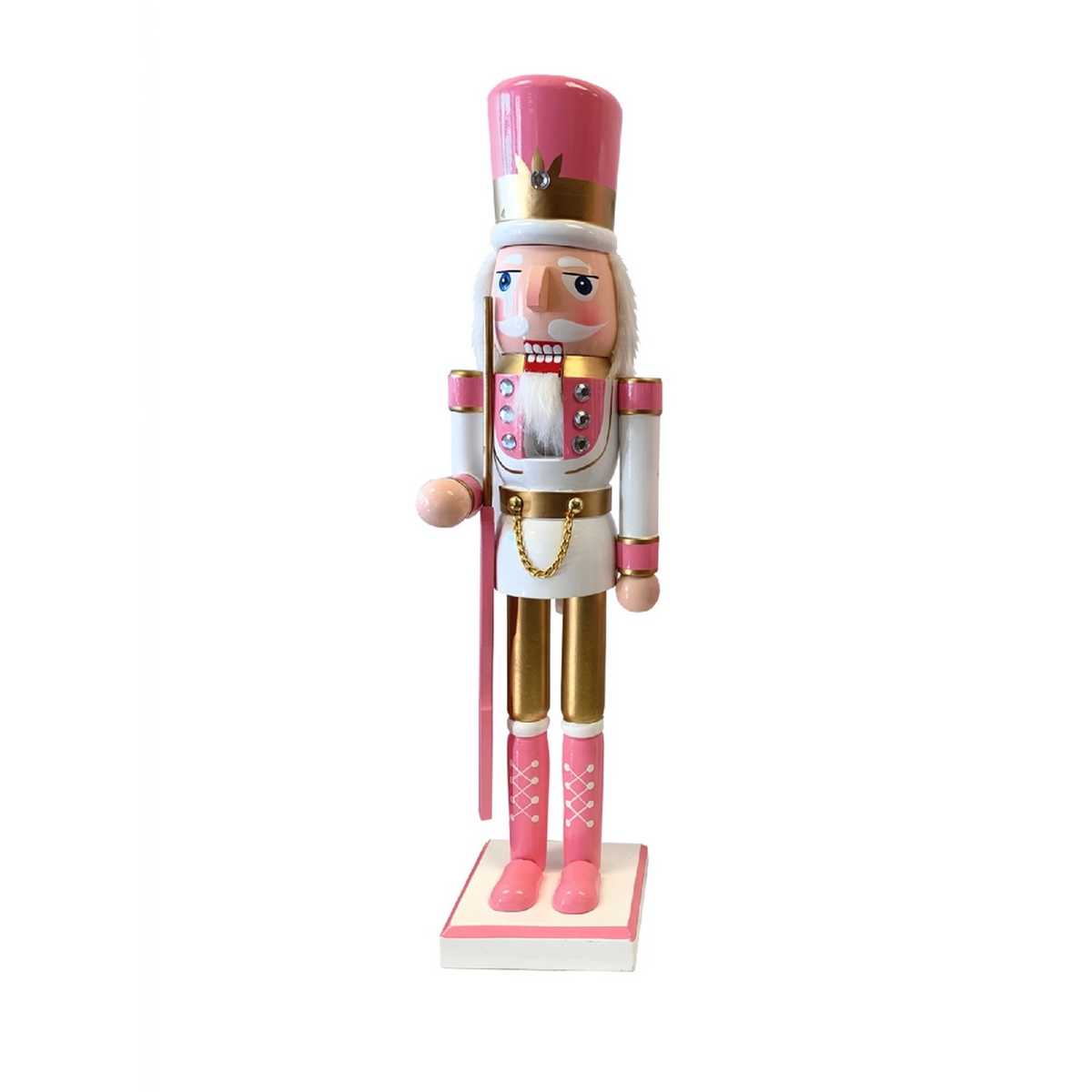 14-inch pink and gold wooden nutcracker figure on a wooden base