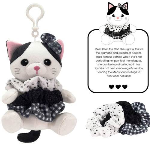 Dasha Designs Scrunch Bunch Cat Bag Tag | Pearl the Plush Cat with Scrunchie Tutu