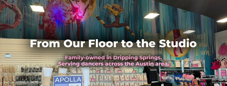 Texas Dance Supply store floor in Dripping Springs with racks of dancewear and shoes