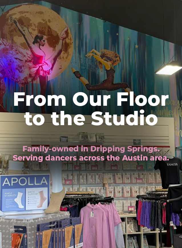 Texas Dance Supply store floor in Dripping Springs with racks of dancewear and shoes