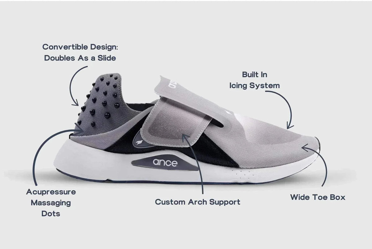 Ance Recovery Sneakers with wide toe box and icing system for foot recovery