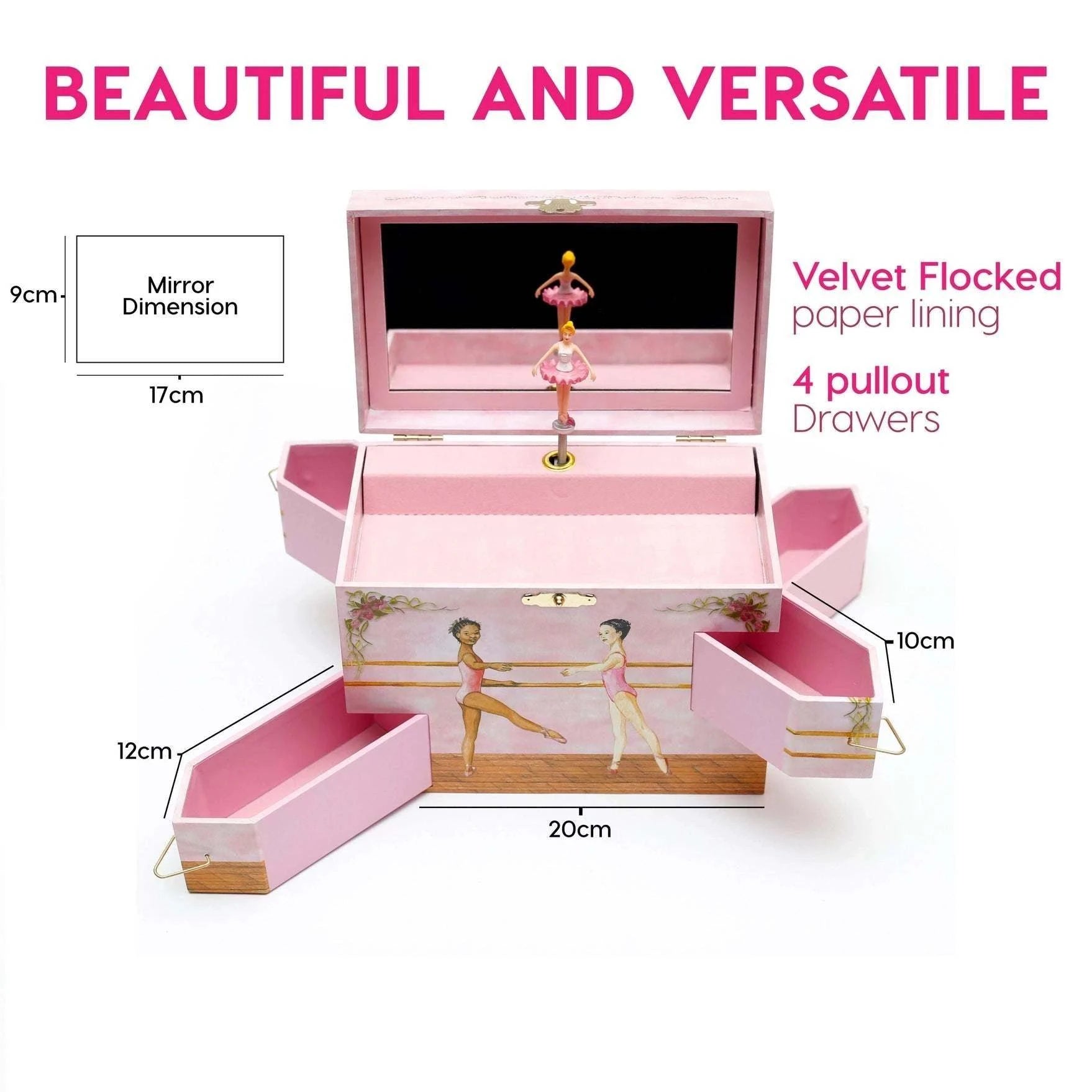 Ballet School Musical Jewelry Box in soft pink with ballet dancer illustrations, velvet-flocked lining, four pullout drawers, and a twirling ballerina figurine inside a mirrored lid