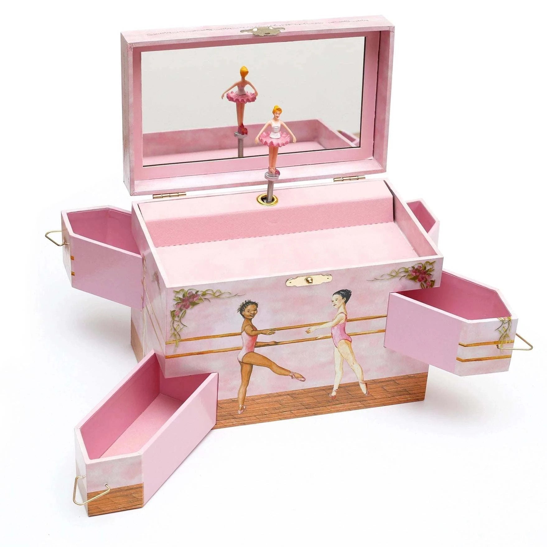 Ballet School Musical Jewelry Box in pink with ballet dancer illustrations, a twirling ballerina figurine, interior mirror, and velvet-lined compartments