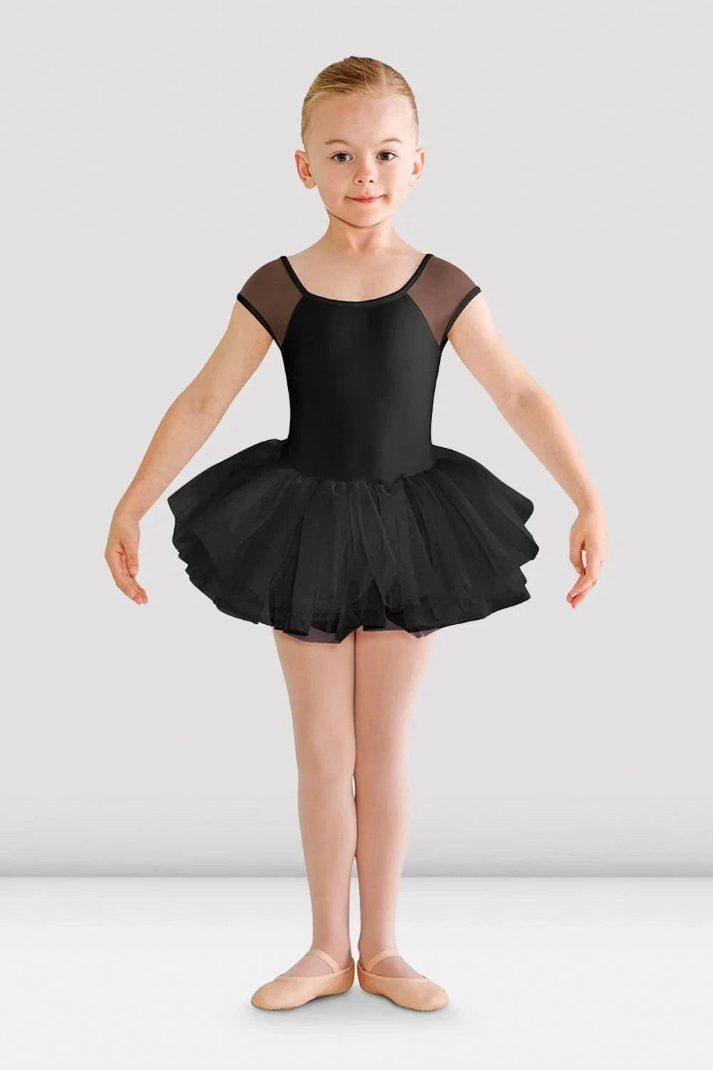 Bloch Girls Hanami Tutu Leotard in black with mesh sleeves and triple-layered tulle skirt