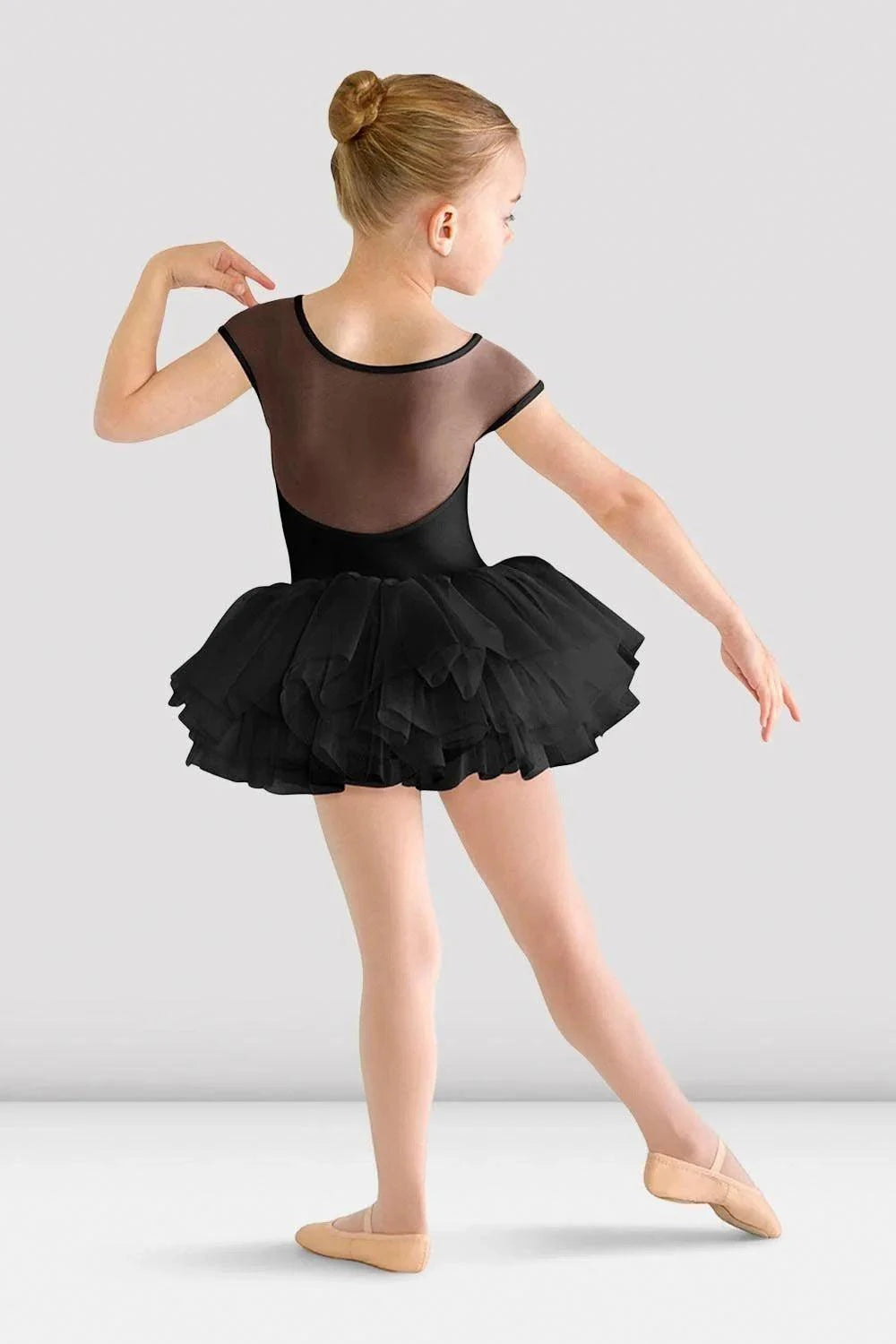 Bloch Girls Hanami Tutu Leotard in black with mesh sleeves and triple-layer tulle skirt