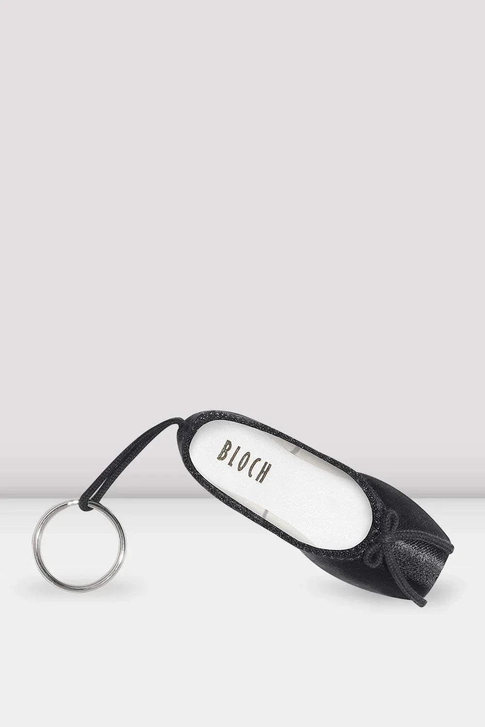 Bloch Mini Pointe Shoe Keychain in black satin with a small bow and silver metal ring for attachment