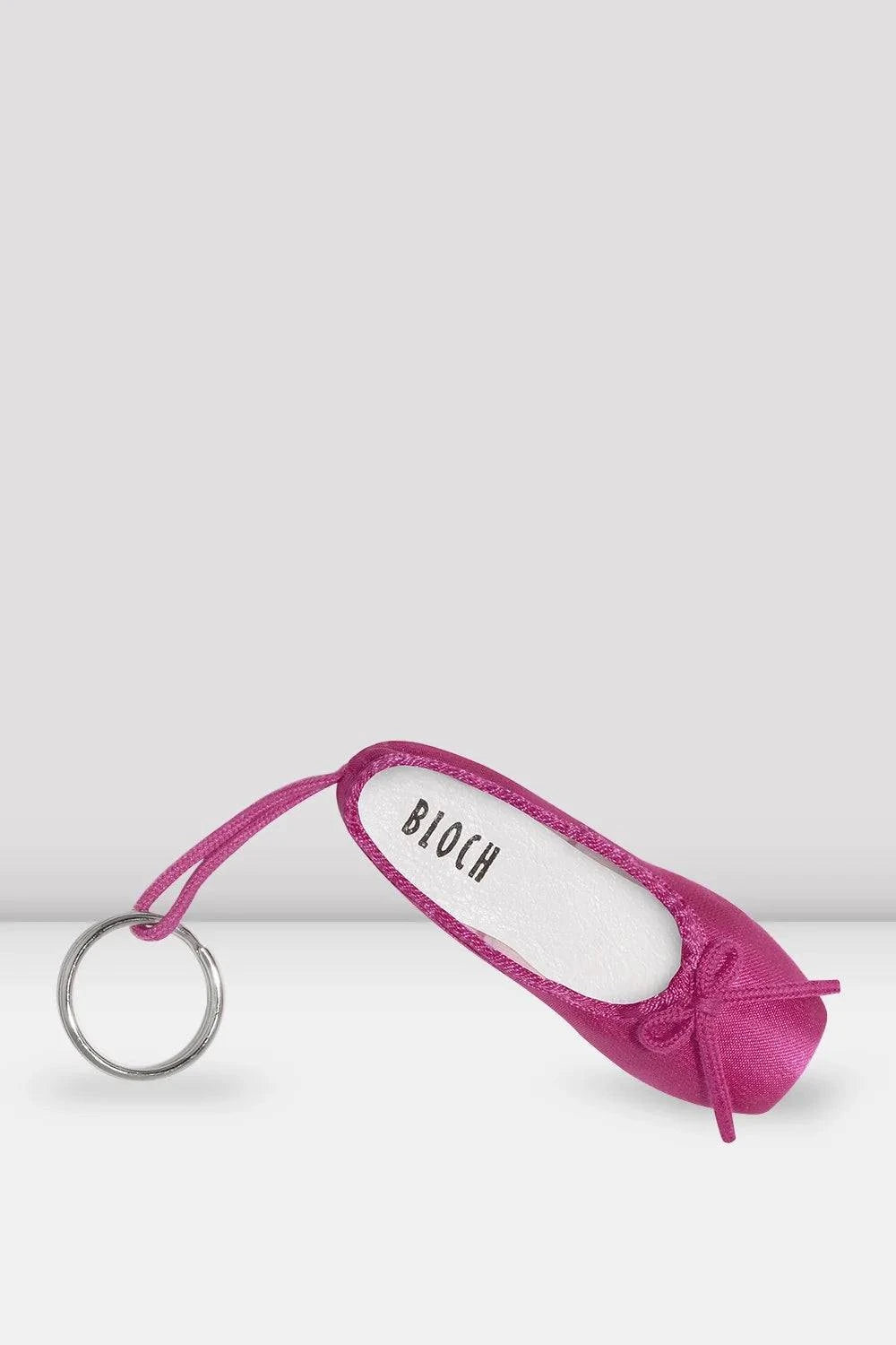 Bloch Mini Pointe Shoe Keychain with a vivid pink satin mini pointe shoe charm and silver metal key ring