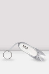 Bloch Mini Pointe Shoe Keychain in silver satin material with a small bow and metal key ring attachment
