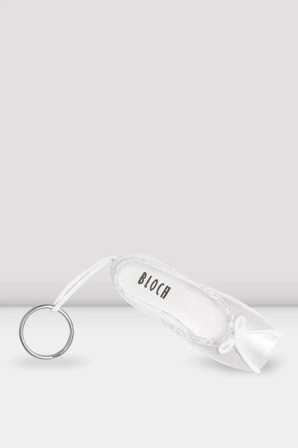 Bloch mini pointe shoe keychain in white satin with a small bow and metal key ring attached by a white loop
