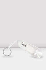 Bloch mini pointe shoe keychain in white satin with a small bow and metal key ring attached by a white loop