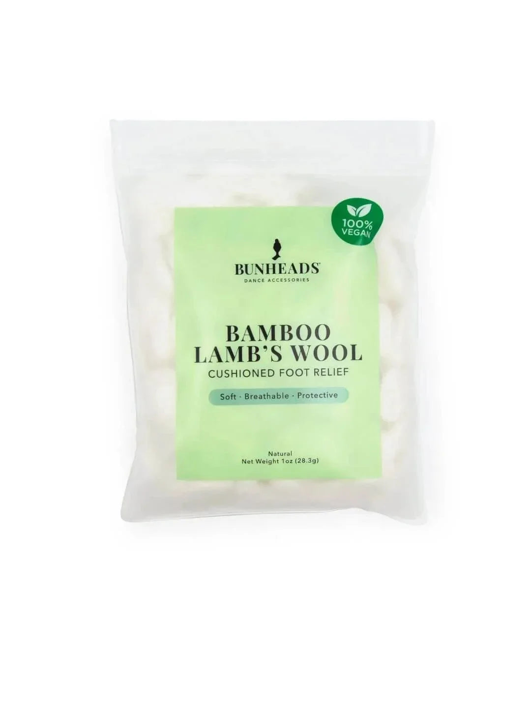 Capezio Bunheads Bamboo Lamb’s Wool in a clear resealable bag with a green label, featuring soft white bamboo fiber for foot relief