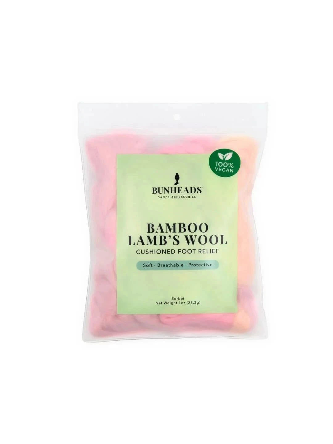 Capezio Bunheads Bamboo Lamb’s Wool in a translucent resealable bag with pastel pink and orange soft padding for foot relief