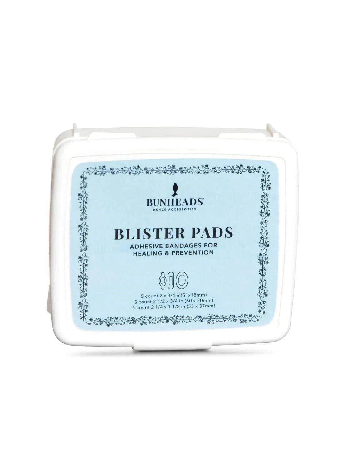 Capezio Bunheads Blister Pads in a white plastic hard-shell container with a blue label showing product details and floral border