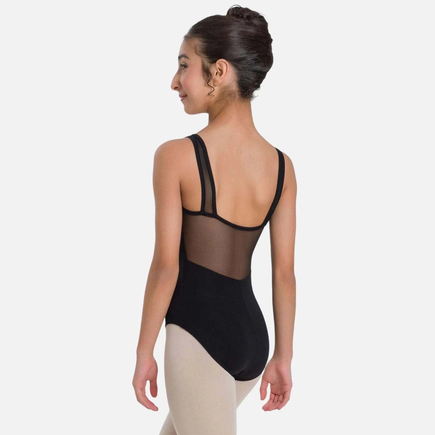Child wearing So Danca Marley SL21 tank leotard with mesh straps