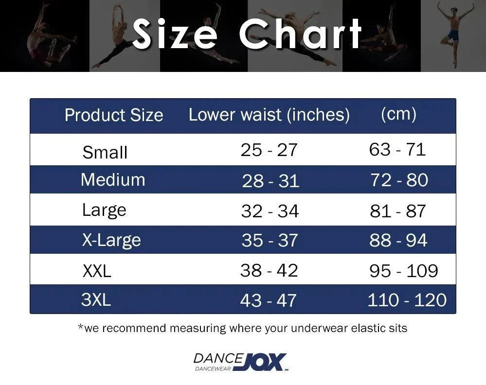 Dance Jox Thong size chart listing lower waist measurements in inches and centimeters for sizes Small to 3XL