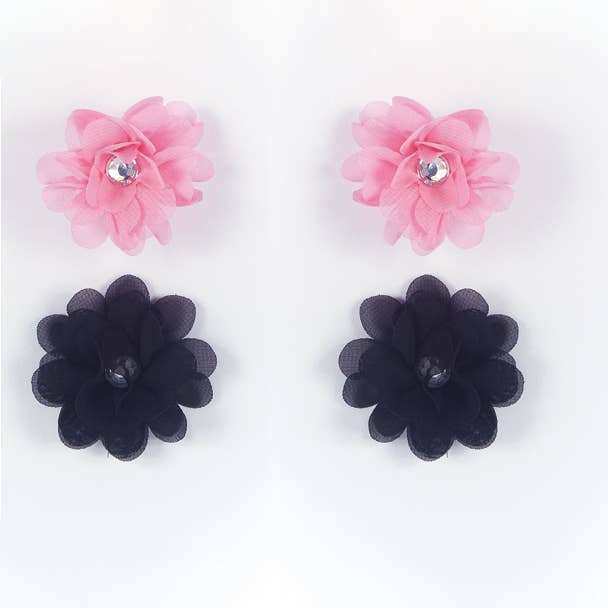 Dasha Designs chiffon flower tapties in pink and black with sparkling center stones and matching elastic bands for tap shoes or hair