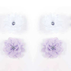 Dasha Designs chiffon flower Tapties in white and lavender with central sparkling stones and elastic bands for tap shoes or ponytails