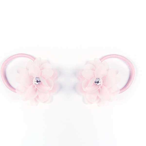 Dasha Designs pink chiffon flower Tapties with elastic bands and sparkling center stones for tap shoes or ponytails