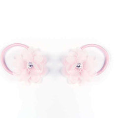 Dasha Designs pink chiffon flower Tapties with elastic bands and sparkling center stones for tap shoes or ponytails