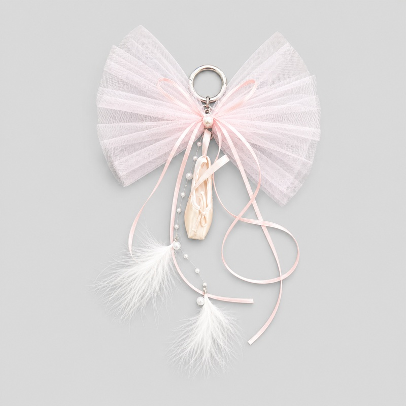 Fresh Ballet Tutu bag charm with delicate pale pink tulle bow, satin ballet shoe, pearl beads, and white feather accents
