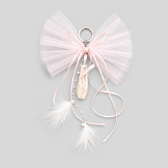 Fresh Ballet Tutu bag charm with delicate pale pink tulle bow, satin ballet shoe, pearl beads, and white feather accents