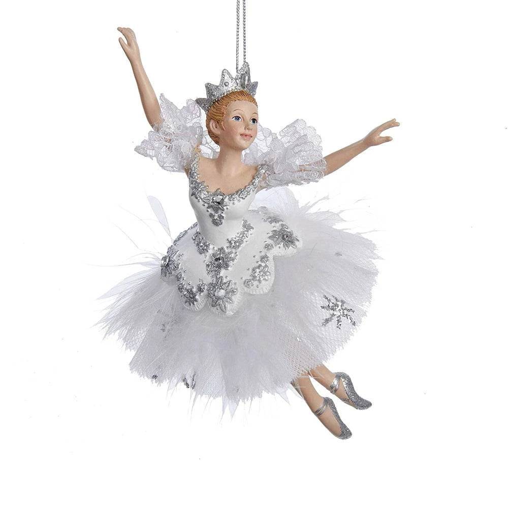 Kurt Adler C8574 Snow Queen nutcracker ornament in a white tutu with silver embellishments, crown, and ballet shoes