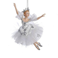 Kurt Adler C8574 Snow Queen nutcracker ornament in a white tutu with silver embellishments, crown, and ballet shoes