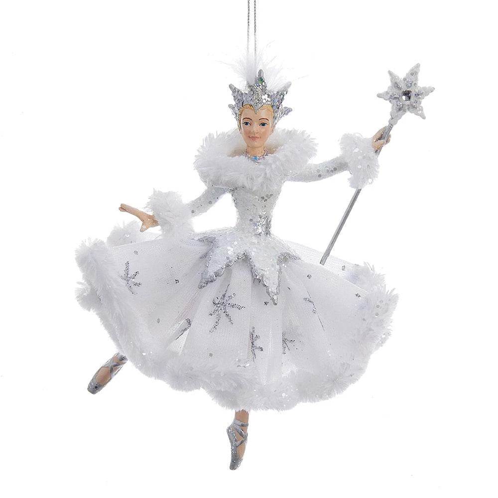 Kurt Adler C9256 ballerina ornament in a white fabric gown with silver snowflake details, jeweled crown and star wand