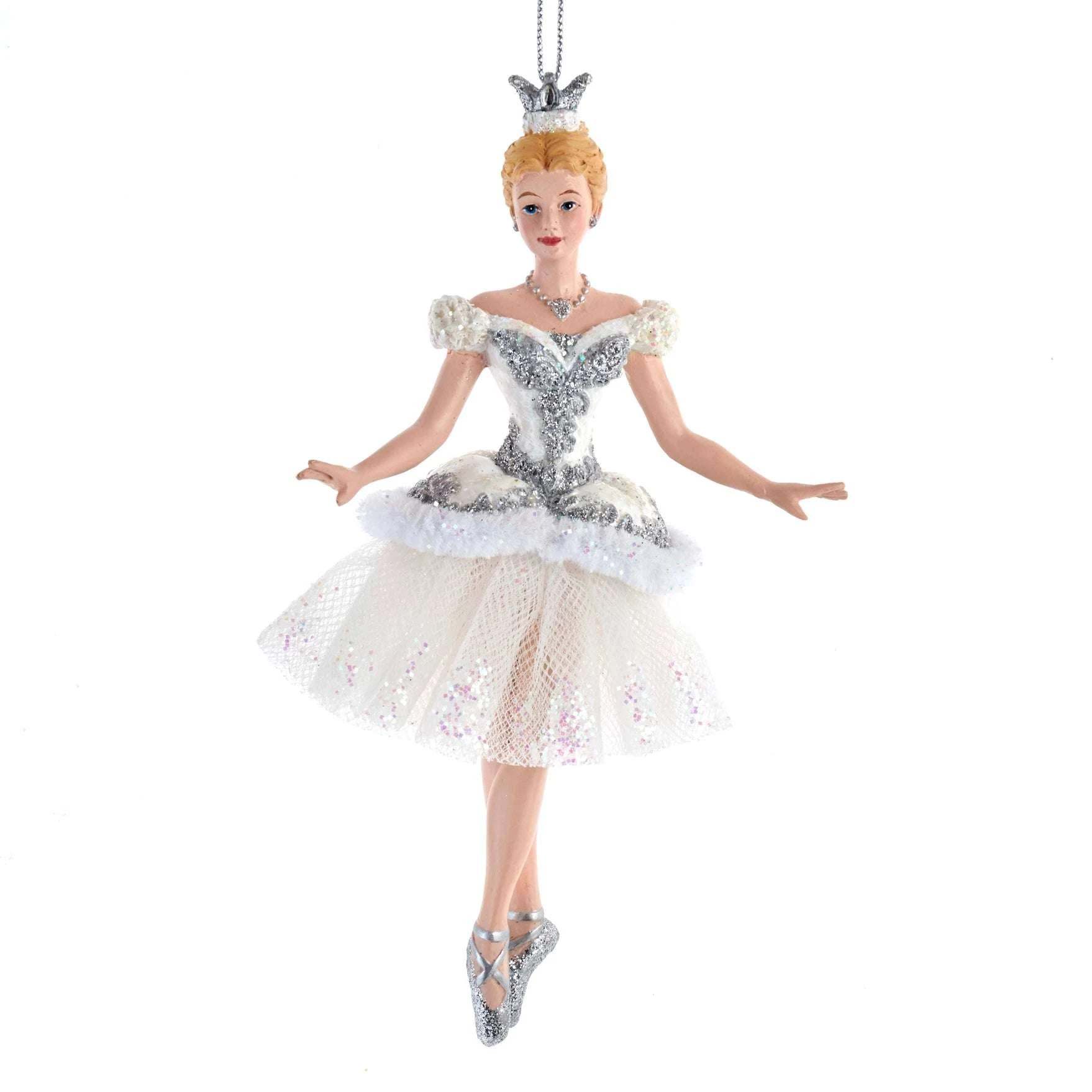 Ballerina nutcracker ornament, Kurt Adler E0425, in a silver and white glittering tutu with a silver crown