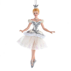 Ballerina nutcracker ornament, Kurt Adler E0425, in a silver and white glittering tutu with a silver crown
