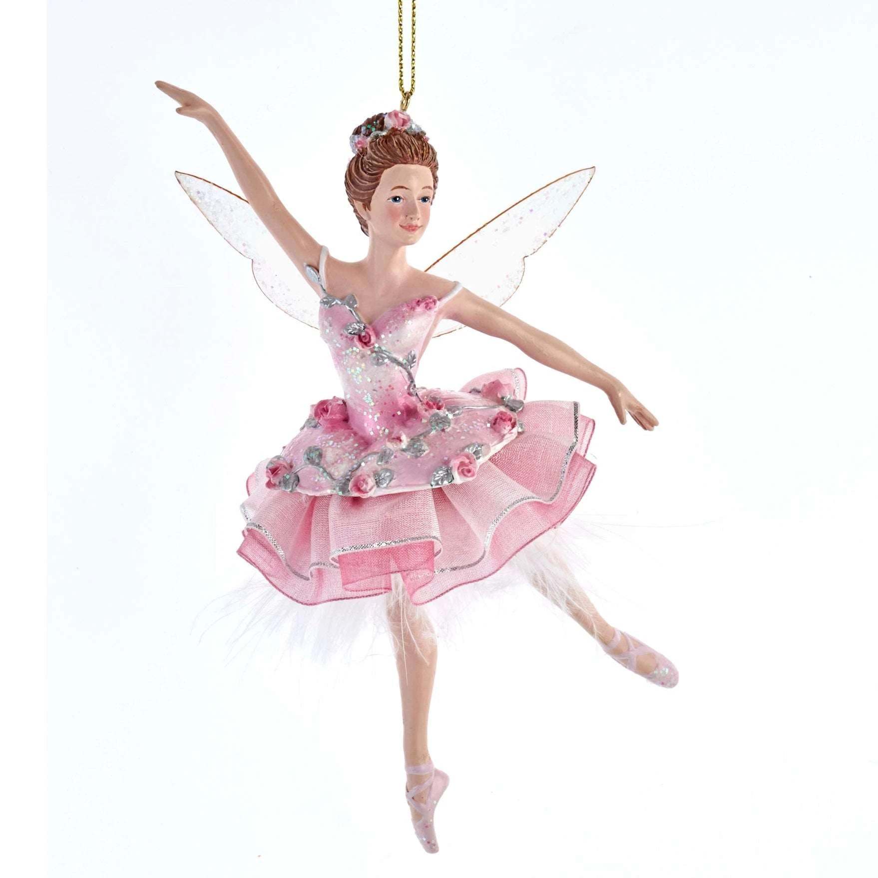 Fairy ballerina ornament in a pink layered dress with floral silver details, translucent wings and a hanging cord, Kurt Adler E0426C
