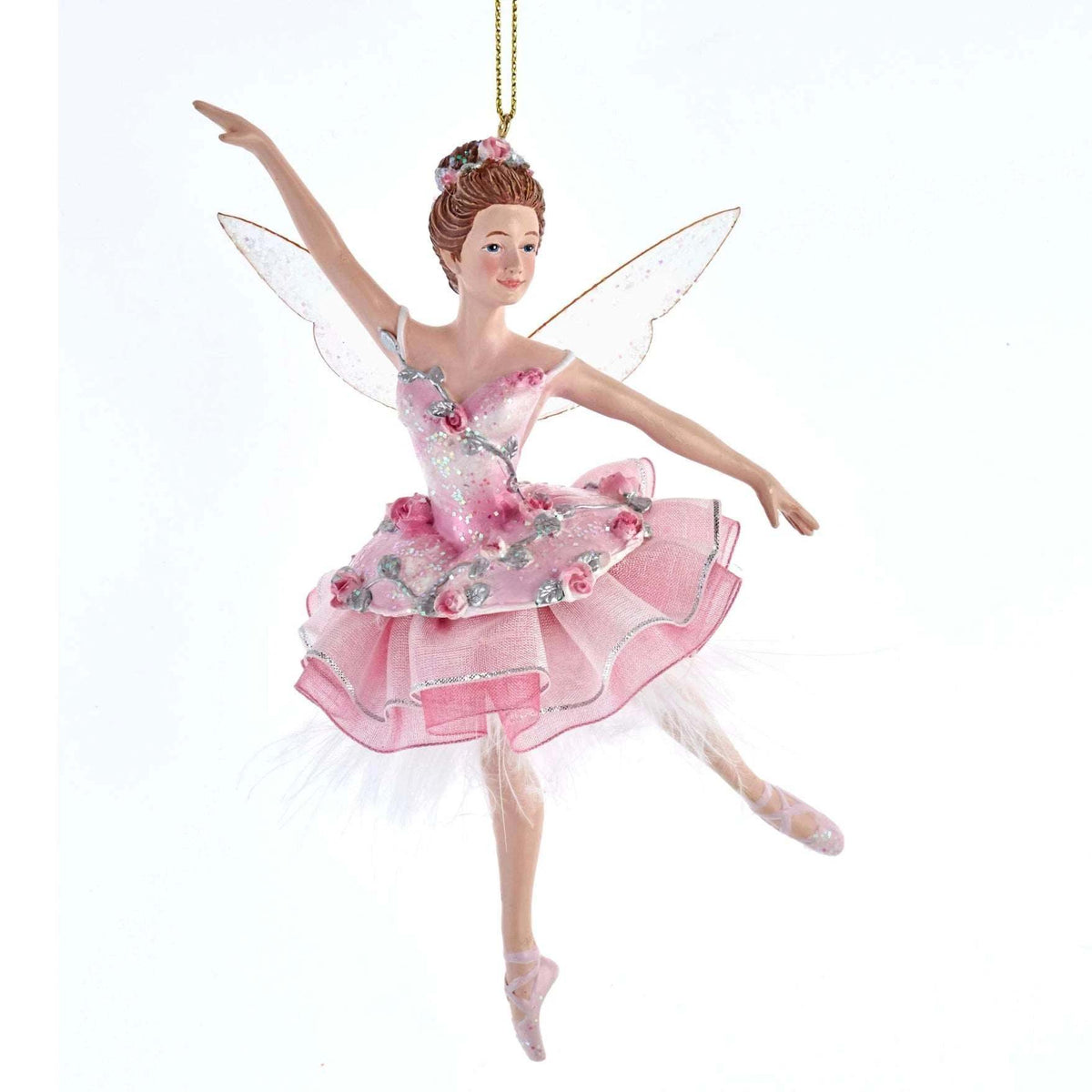 Fairy ballerina ornament in a pink layered dress with floral silver details, translucent wings and a hanging cord, Kurt Adler E0426C