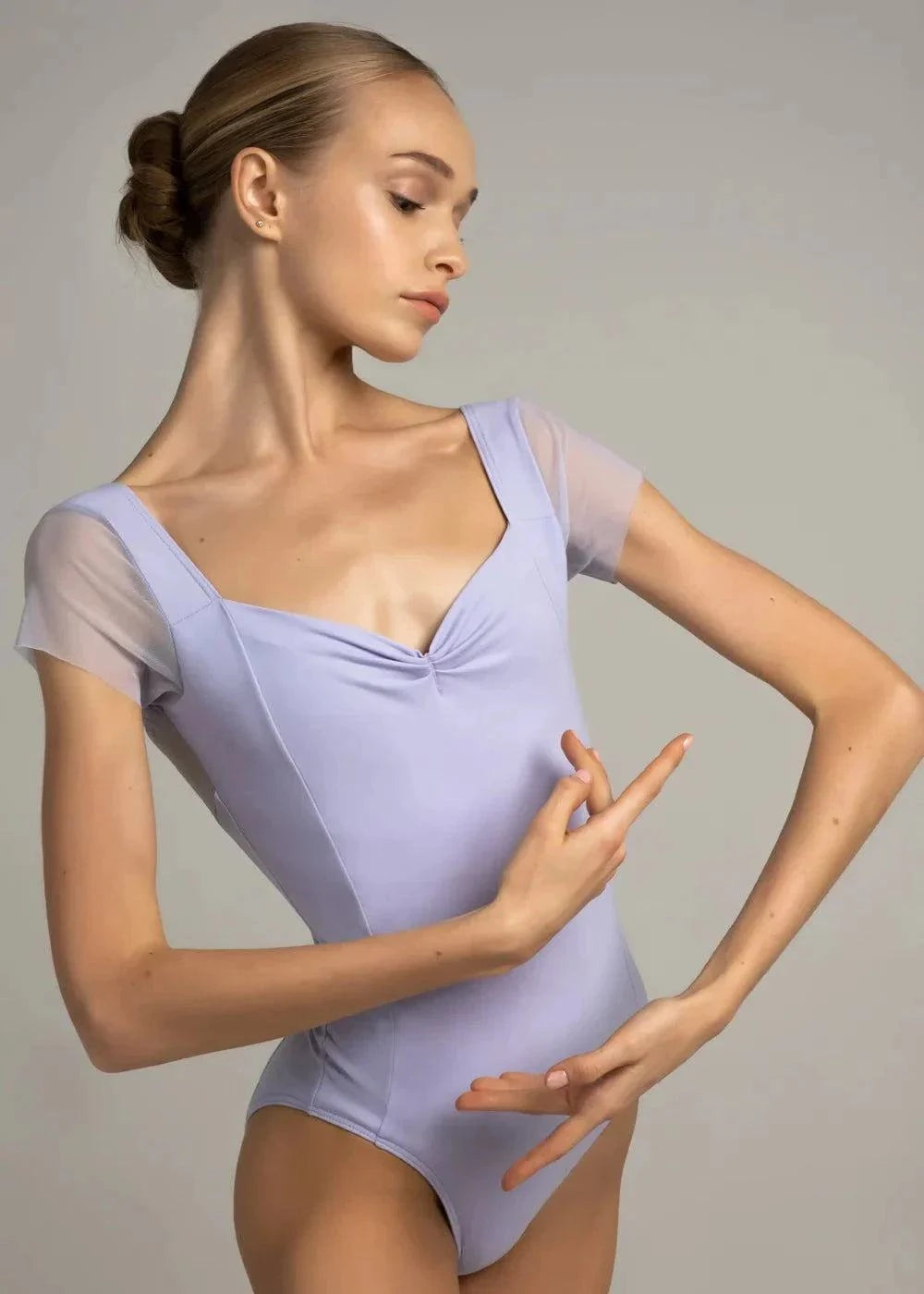 Nikolay Effie mesh cap sleeve leotard with sweetheart neckline and mesh V-back