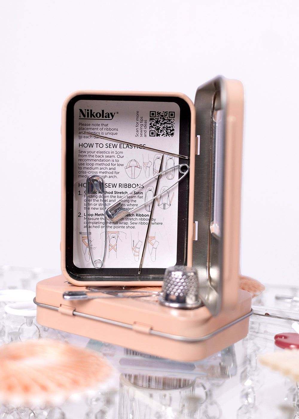 Premium sewing kit with needles, scissors, thread and thimble for dancers
