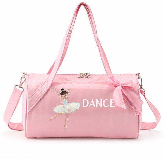Glossy pink Twinkle Toes dance duffel bag with ballerina graphic and satin bow