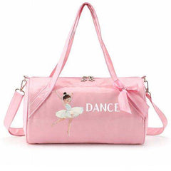 Glossy pink Twinkle Toes dance duffel bag with ballerina graphic and satin bow